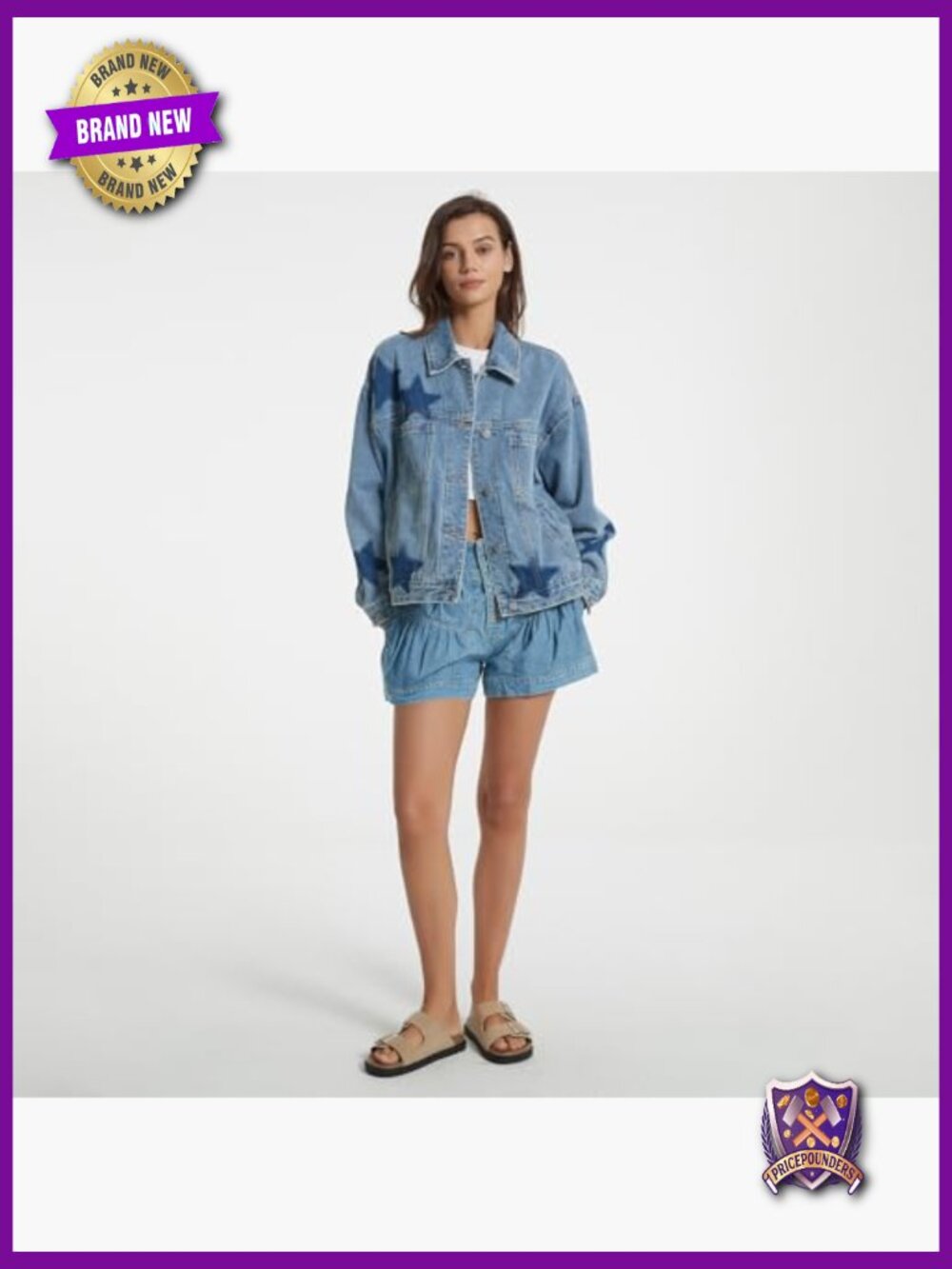 Oversized Boyfriend Denim Jacket with Leopard Stars Print - Picture 6 of 7